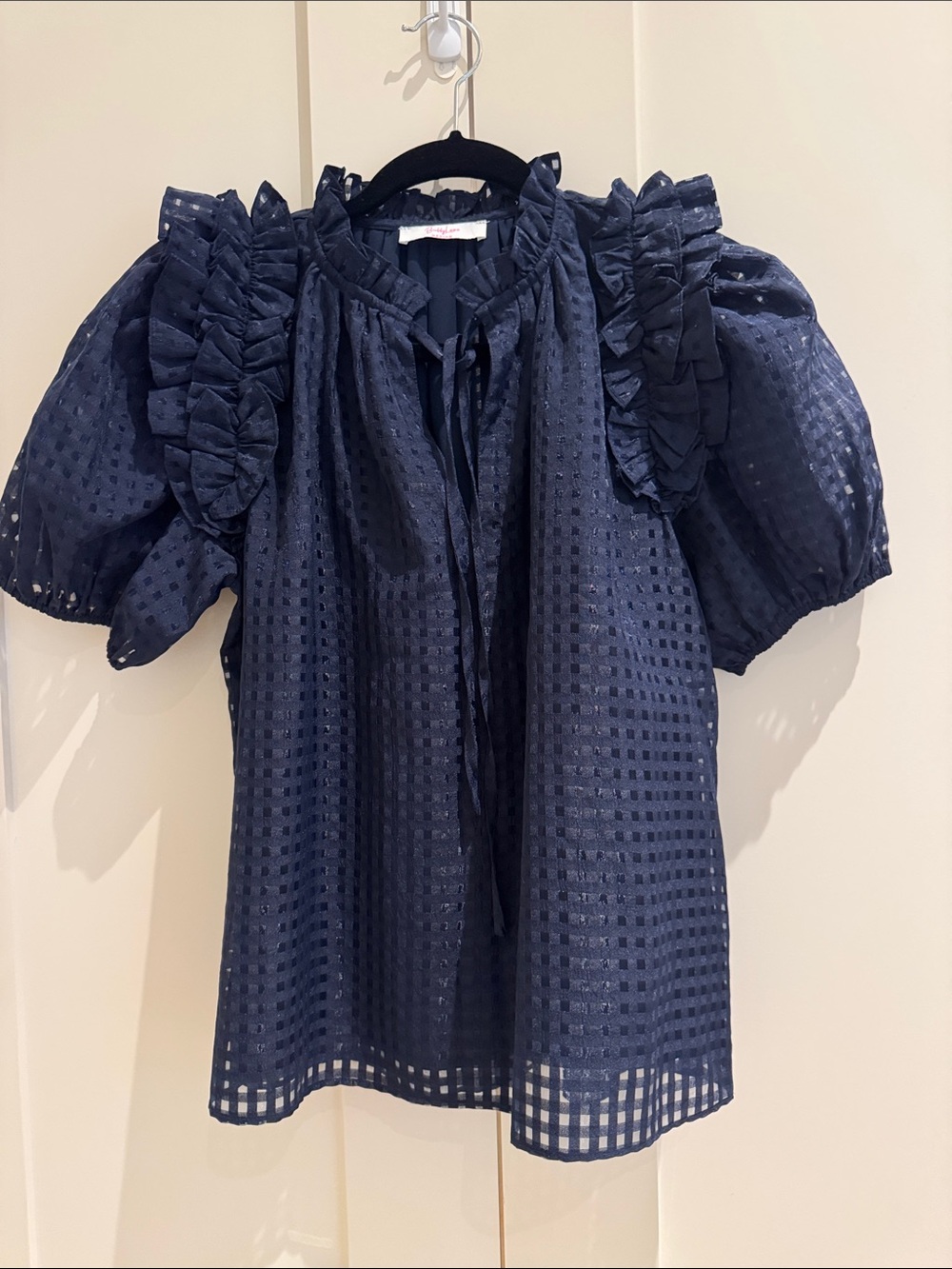 Buddy Love Navy Eyelet Ruffle Tie-Front Blouse-never worn